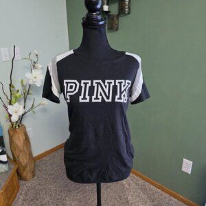 PINK, black T-shirt, grey, white & black sleeves, PINK word on front